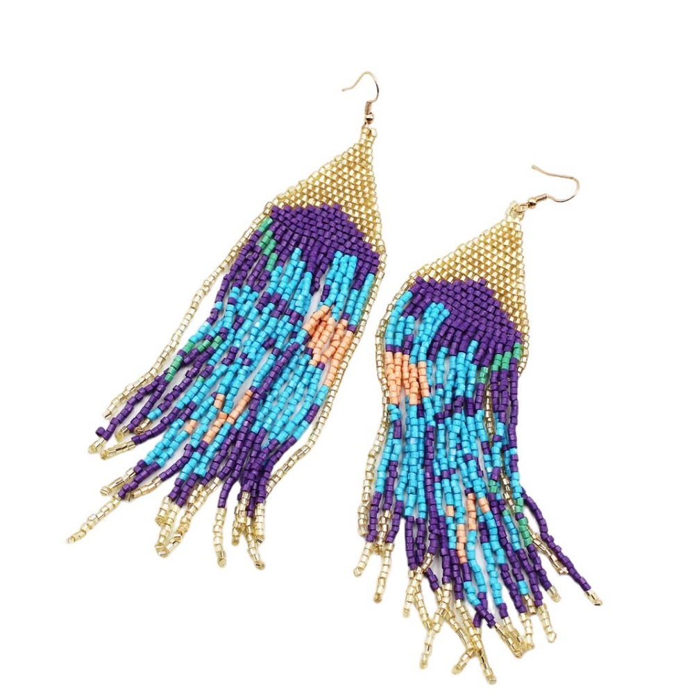 BOHO CHIC BEADED FRINGE EARRINGS 6”LONG